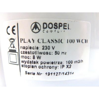 Wentylator osiowy PLAY CLASSIC fi 100 WCH timer + higrostat DOSPEL