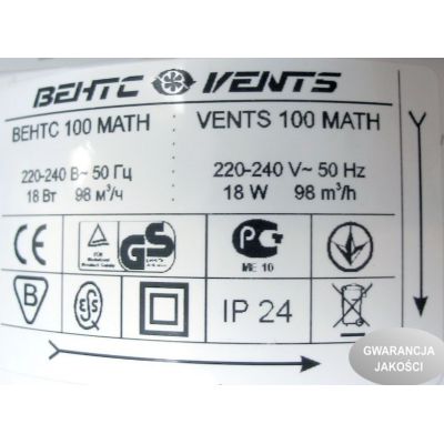 Wentylator osiowy MATH automatyczna żaluzja + wyłącznik czasowy + higrostat VENTS