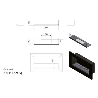 Biokominek GOLF CZARNY Z SZYBĄ  648x374mm