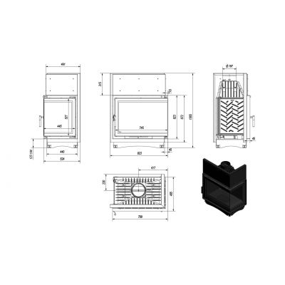 Wkład kominkowy narożny prawy żeliwny AMELIA DECO 21kW | ø200mm